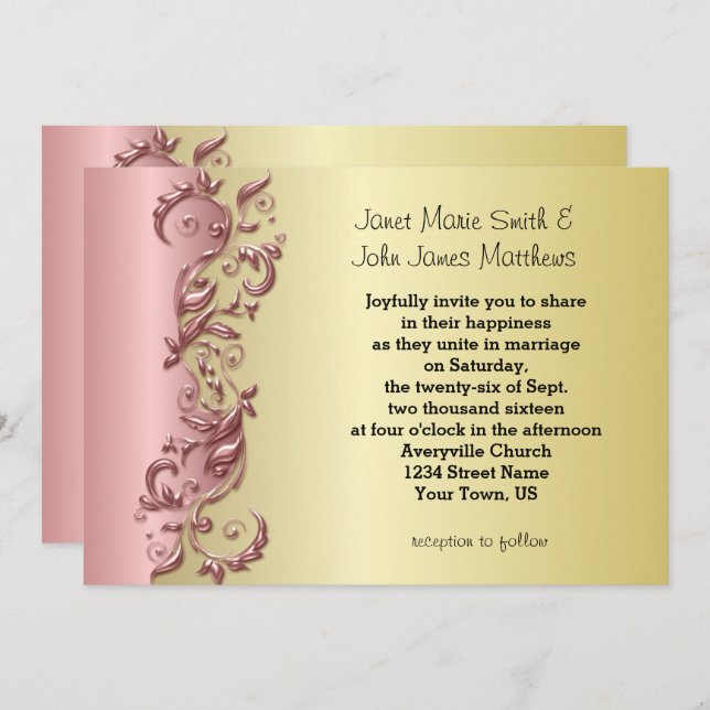 Elegant Rosa Mauve & Guld Florid Bröllop Inbjudningar (Fram/baksida)