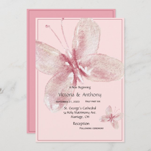 Elegant Rosa Mauve Watercolor Butterfly Inbjudningar (Fram/baksida)