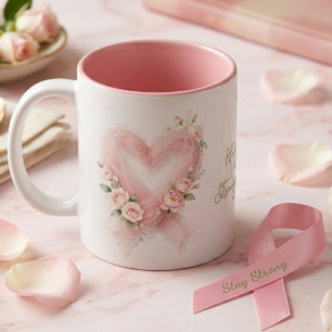 Elegant Rosa Medvetenhetsband Hjärtformade Blommor Två-Tonad Mugg
