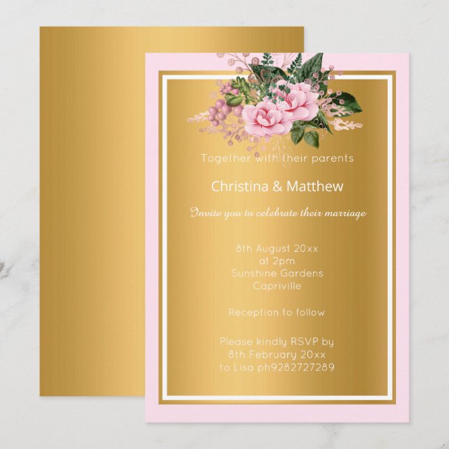 ELEGANT ROSA METALLISK GULD BLOMMOR 2 BRÖLLLOP  INBJUDNINGAR (Fram/baksida)