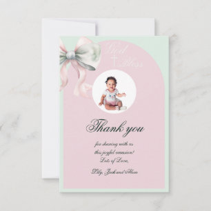Elegant Rosa Mint Bow Baptism för Flicka Tack Kort