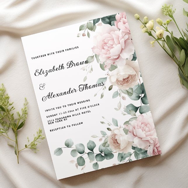Elegant rosa mint eucalyptus peony blommigt bröllo inbjudningar (Elegant pink mint eucalyptus peony floral Wedding)