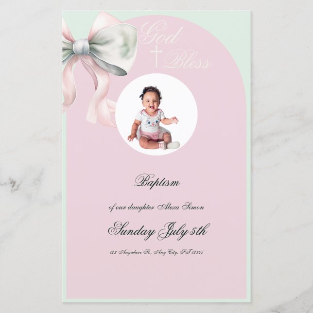 Elegant rosa mintbåge dop för babyflicka meny (Framsida)