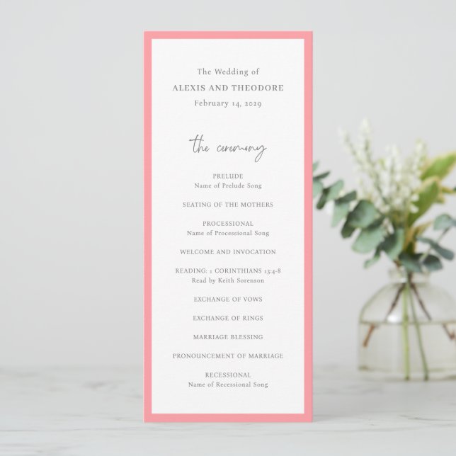 Elegant Rosa Modern Bröllop Program (Stående Fram)