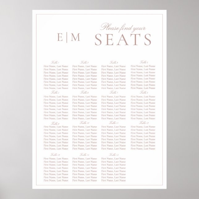 Elegant Rosa Modern Script Monogram Bröllop-säte Poster (Framsidan)