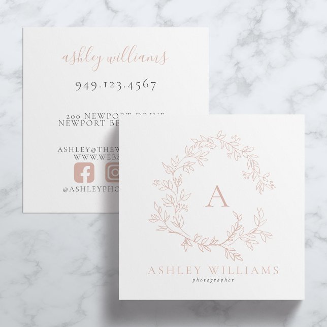 Elegant Rosa Monogram Blommigt Vapensköld Professi Fyrkantigt Visitkort (Business Card!)