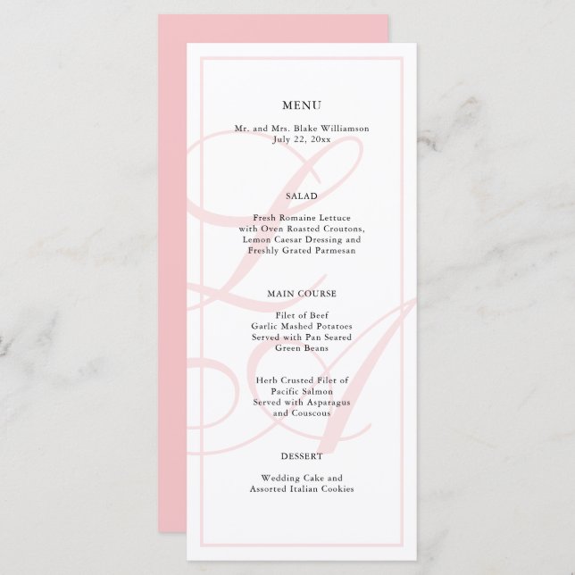 Elegant Rosa Monogram Bröllop Menu Meny (Fram/baksida)