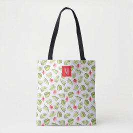 Elegant rosa monogram gröna palmblad tygkasse