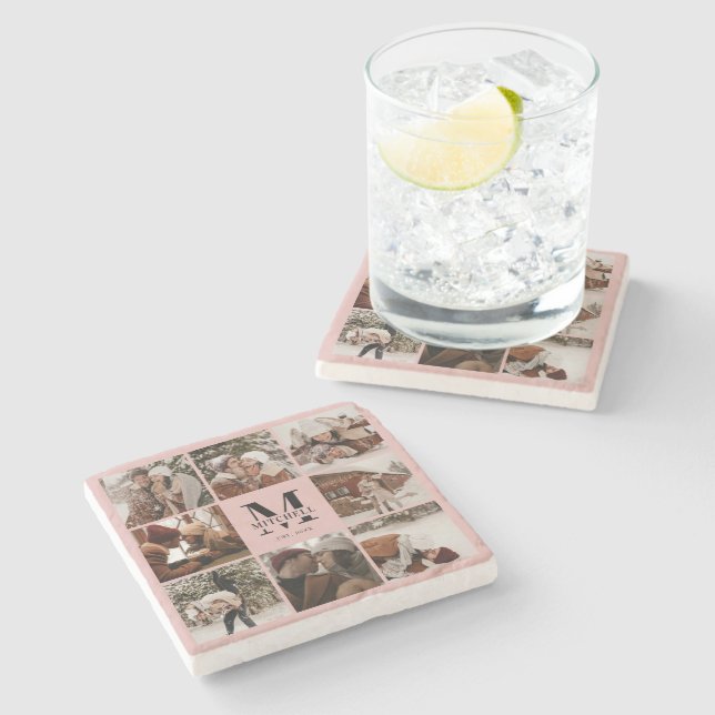 Elegant Rosa Monogram Initial Family Namn & Photo Stenunderlägg (Sidan)