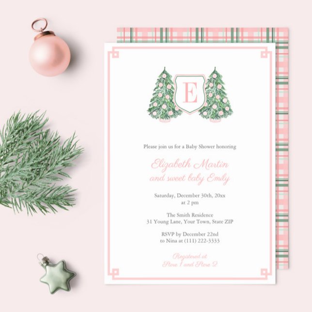 Elegant Rosa Monogram jul Flicka Shower Inbjudningar (Elegant Pink Green Chinoiserie Christmas Monogram Baby Shower Invitations to welcome a little girl)
