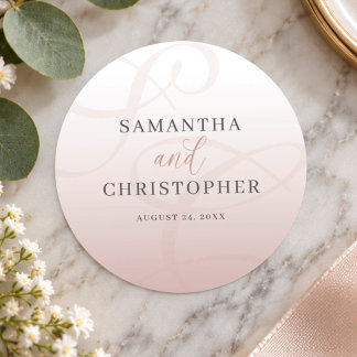 Elegant rosa monogram skrift bröllop runt klistermärke