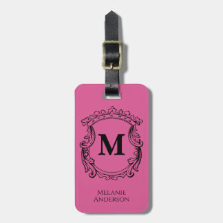 Elegant rosa monogram stämpel bagagebricka