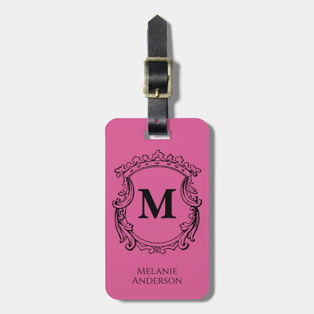 Elegant rosa monogram stämpel  bagagebricka (Vertikal Framsida)