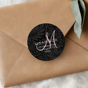 Elegant Rosa Monogram Svart Blommig Returadress Runt Klistermärke
