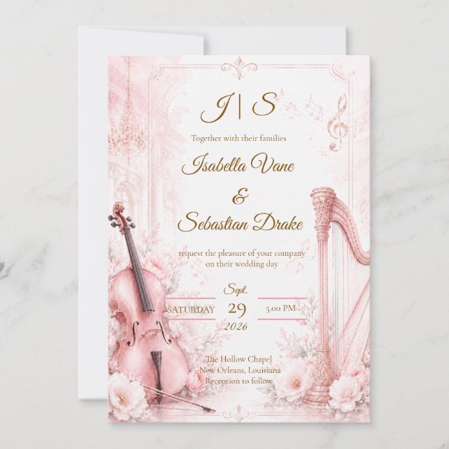 Elegant Rosa Musikalisk Bröllop Inbjudningar (Framsida)