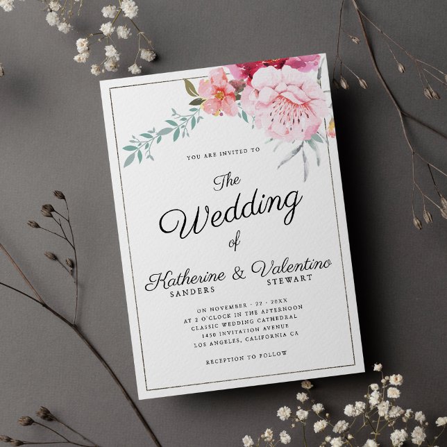 Elegant rosa myntskript blommigt bröllop inbjudningar (Elegant pink mint formal script floral wedding)