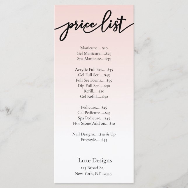 Elegant  Rosa Nail Salon Prisa listkort Meny (Framsida)
