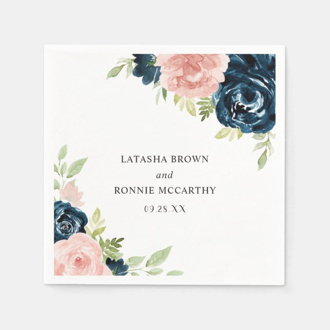 Elegant  Rosa Navy Blue Blommigt Bröllop Pappersservett (Framsidan)