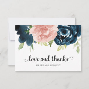 Elegant Rosa Navy Blue Blommigt Bröllop Tack Kort