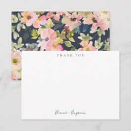 Elegant Rosa Navy Watercolor Blommigt Bröllop Namn Tack Kort