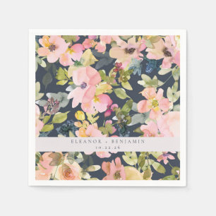 Elegant Rosa Navy Watercolor Blommigt Personligt b Pappersservett