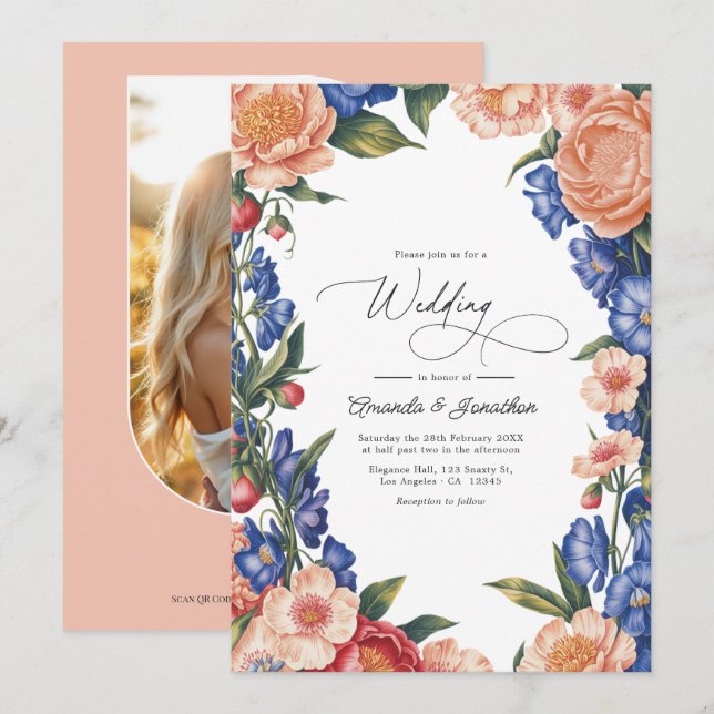 Elegant Rosa och Blå Blommig Bröllops QR-kod Inbjudningar (Fram/baksida)