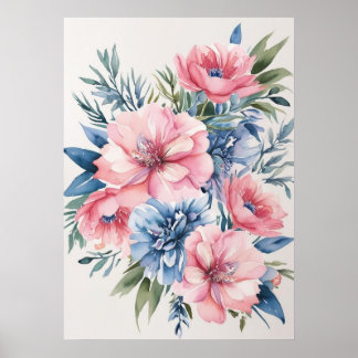 Elegant rosa och blå blomsterkonst poster