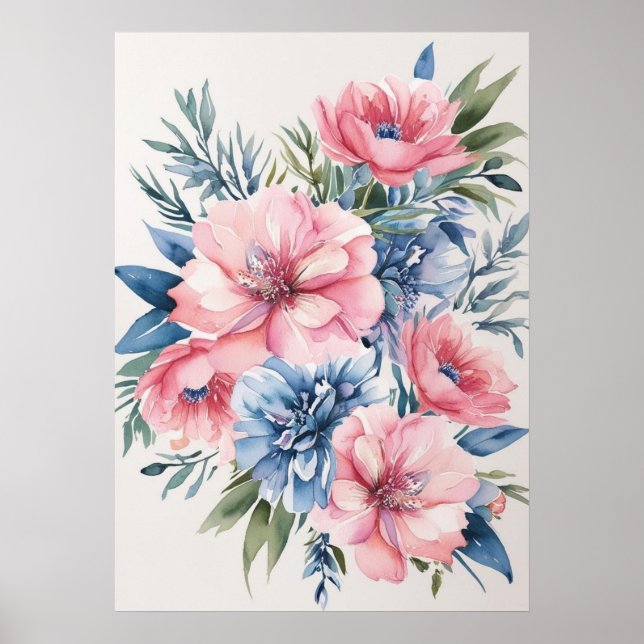 Elegant rosa och blå blomsterkonst poster (Framsidan)