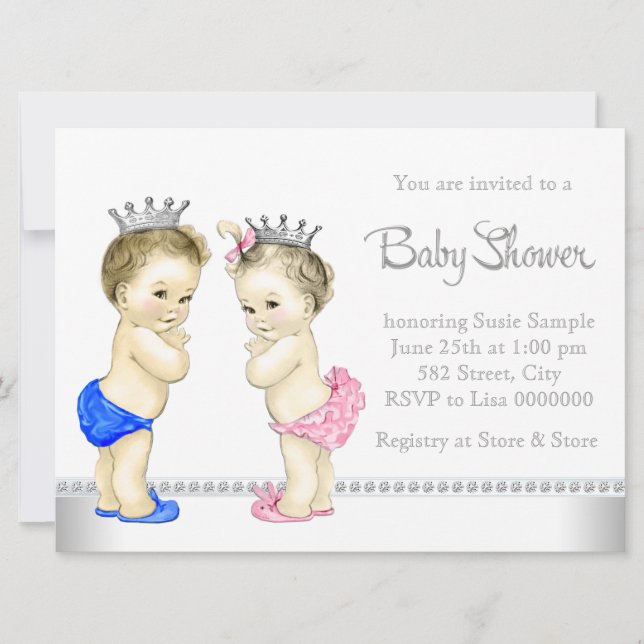 Elegant Rosa och Blå Tvilling Babyshower Inbjudningar (Framsida)