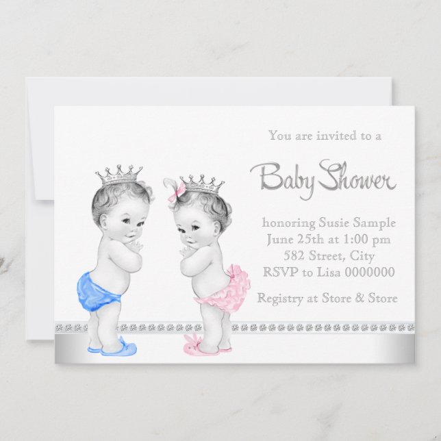 Elegant Rosa och Blå Tvillingar Barnkalas Inbjudningar (Framsida)