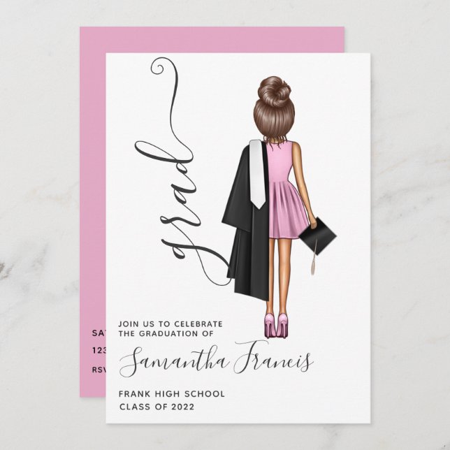 Elegant Rosa och Brown Girl Studentfest Inbjudningar (Fram/baksida)