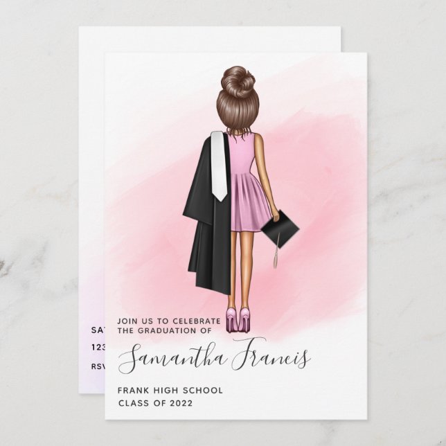 Elegant Rosa och Brown Girl Studentfest Invit Inbjudningar (Fram/baksida)