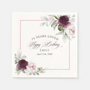 Elegant Rosa och Burgundy Blommigt 75:e födelsedag Pappersservett