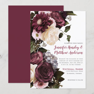 Elegant  Rosa och Burgundy Blommigt Bröllop   Inbjudningar