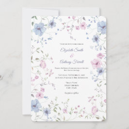 Elegant Rosa och Dammblå Blommig Bröllop Inbjudningar