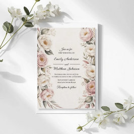 Elegant rosa och elfenbensfärgad blommig bröllopsi inbjudningar