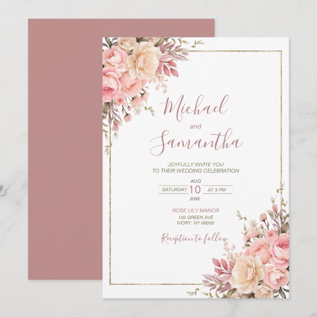 Elegant Rosa och Elfenbensfärgad Ros - Vårbröllop Inbjudningar (Fram/baksida)
