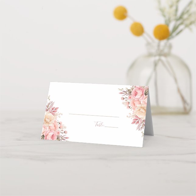 Elegant rosa och elfenbensfärgad rosbröllop placeringskort (Baksida)