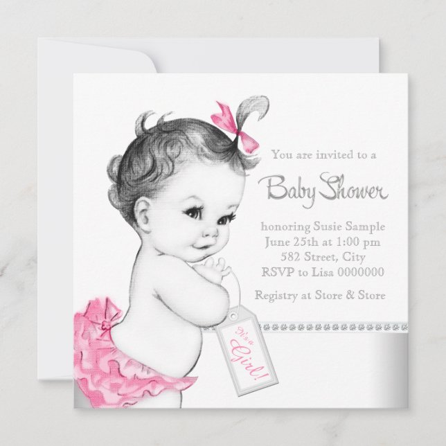 Elegant rosa och grå baby shower inbjudningar (Framsida)