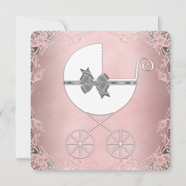 Elegant rosa och grå babyflick-babyshower inbjudningar (Framsida)