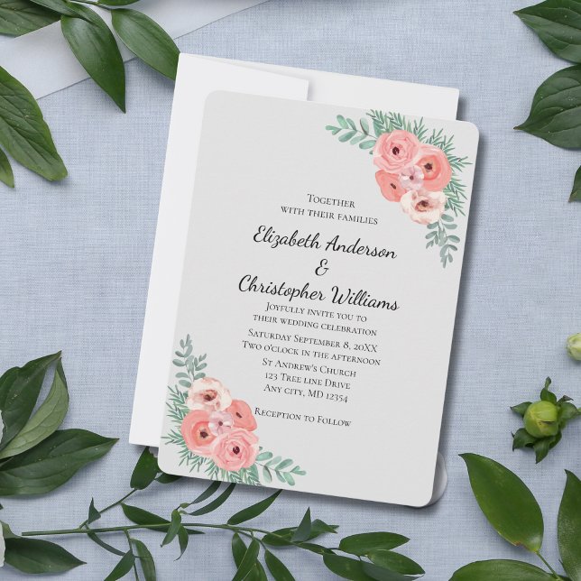 Elegant rosa och grå blomsterakvarell för bröllop inbjudningar (pink floral watercolor wedding invitation with greenery. Light gray background)
