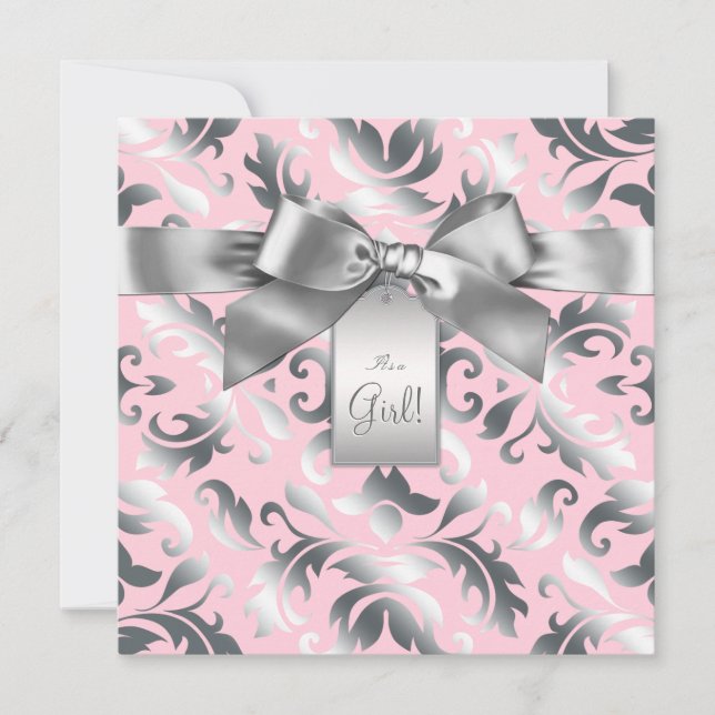 Elegant Rosa och Grå Damask Baby Shower Inbjudningar (Framsida)