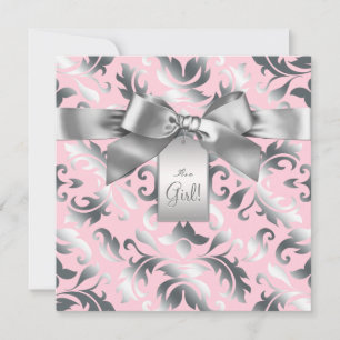 Elegant Rosa och Grå Damask Baby Shower Inbjudningar