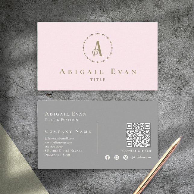 Elegant  Rosa och Grått Glitter Guld Monogram Visitkort (Elegant Blush Pink and Gray Glitter Gold Monogram Business Card)
