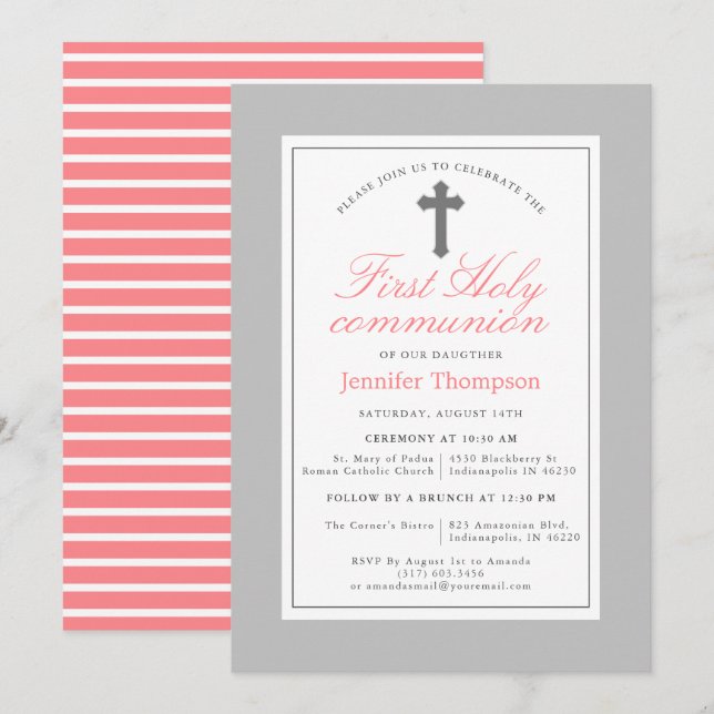 Elegant Rosa och Grått Rand Första kommissionen Inbjudningar (Fram/baksida)