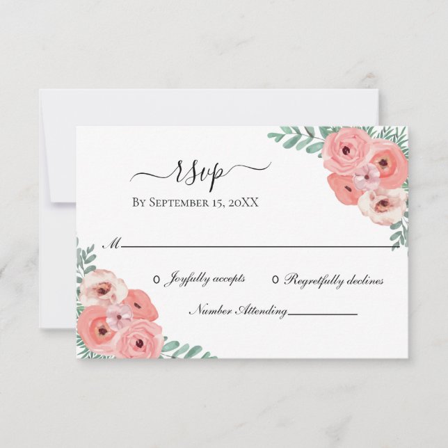Elegant rosa och grön blomsterakvarell bröllop OSA kort (Framsida)