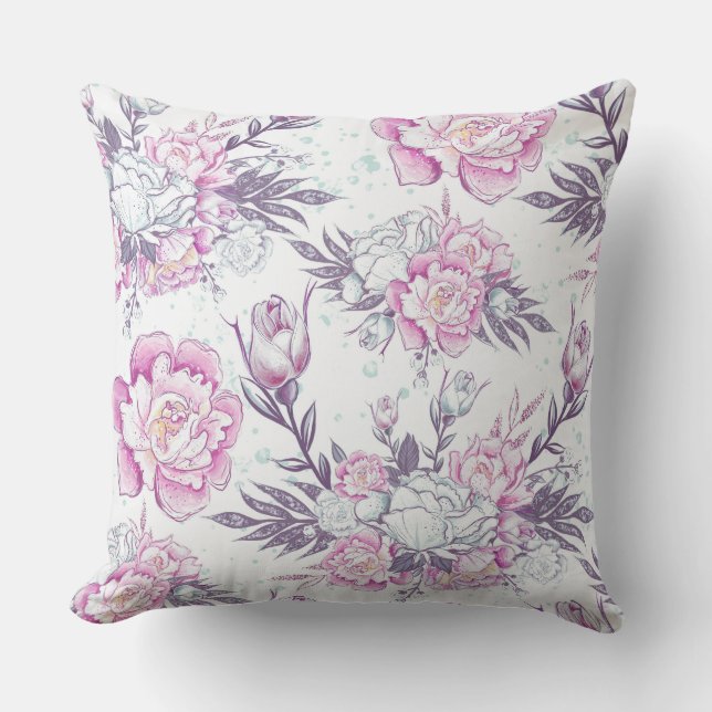 Elegant rosa och grön blomsterdesign lila bladverk kudde (Framsida)