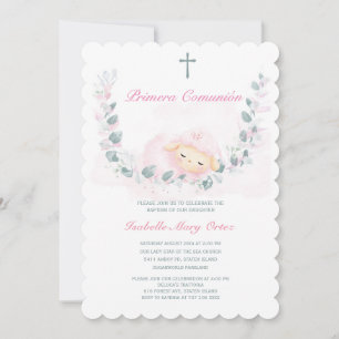 Elegant rosa och grön dopinbjudan för lammunge inbjudningar