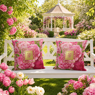 Elegant rosa och grön peony tulip-monogram kudde
