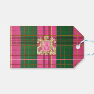 Elegant rosa och grön rutig monogram presentetikett